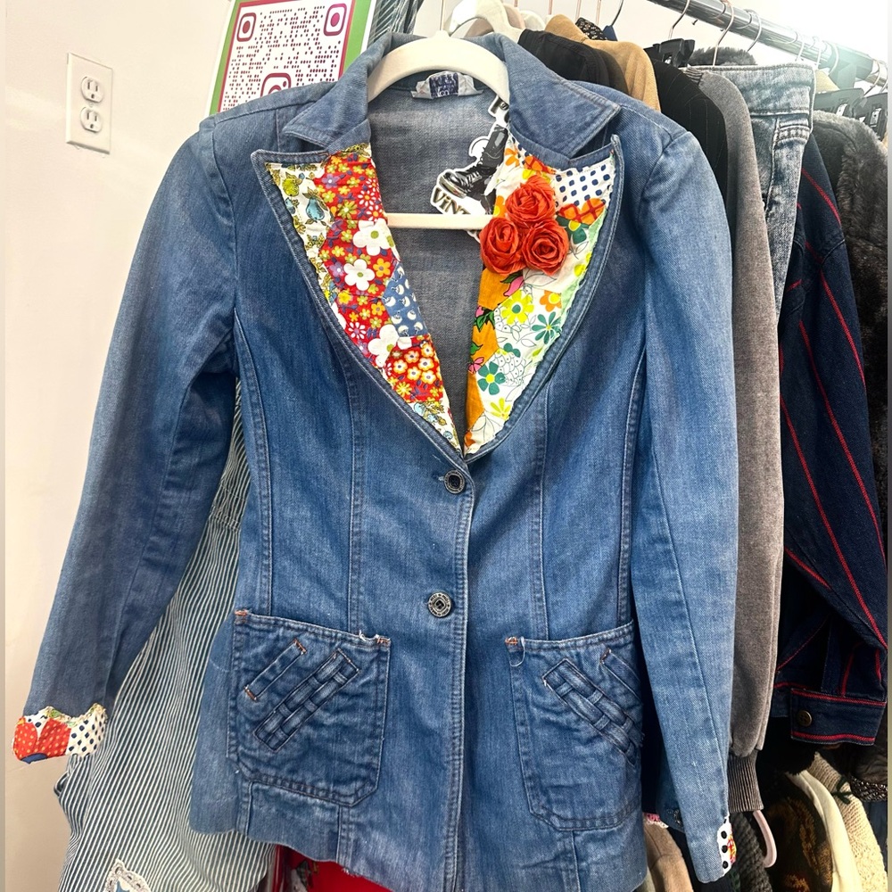 70s denim jacket embellished with quilt fabric